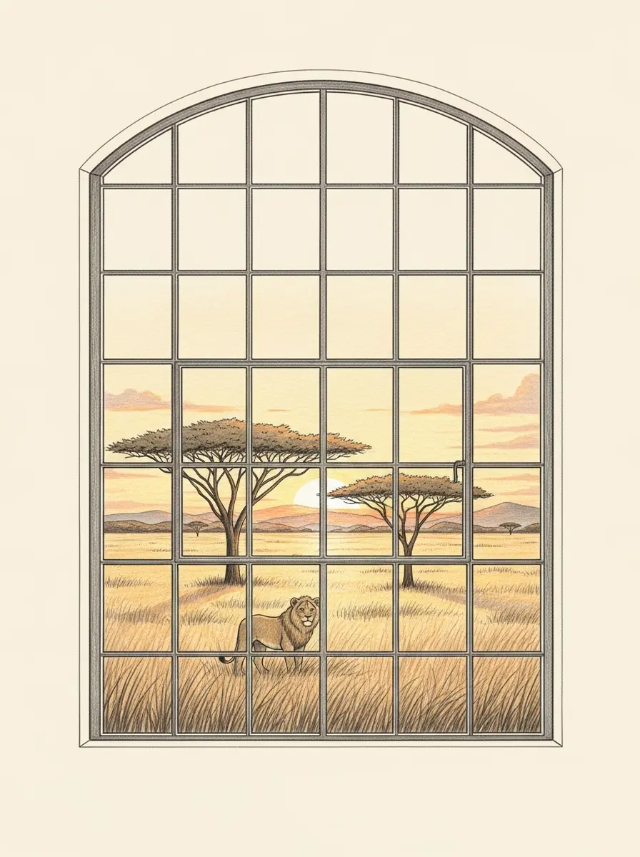 a loft window looking over the savannah, an acacia tree and a lion