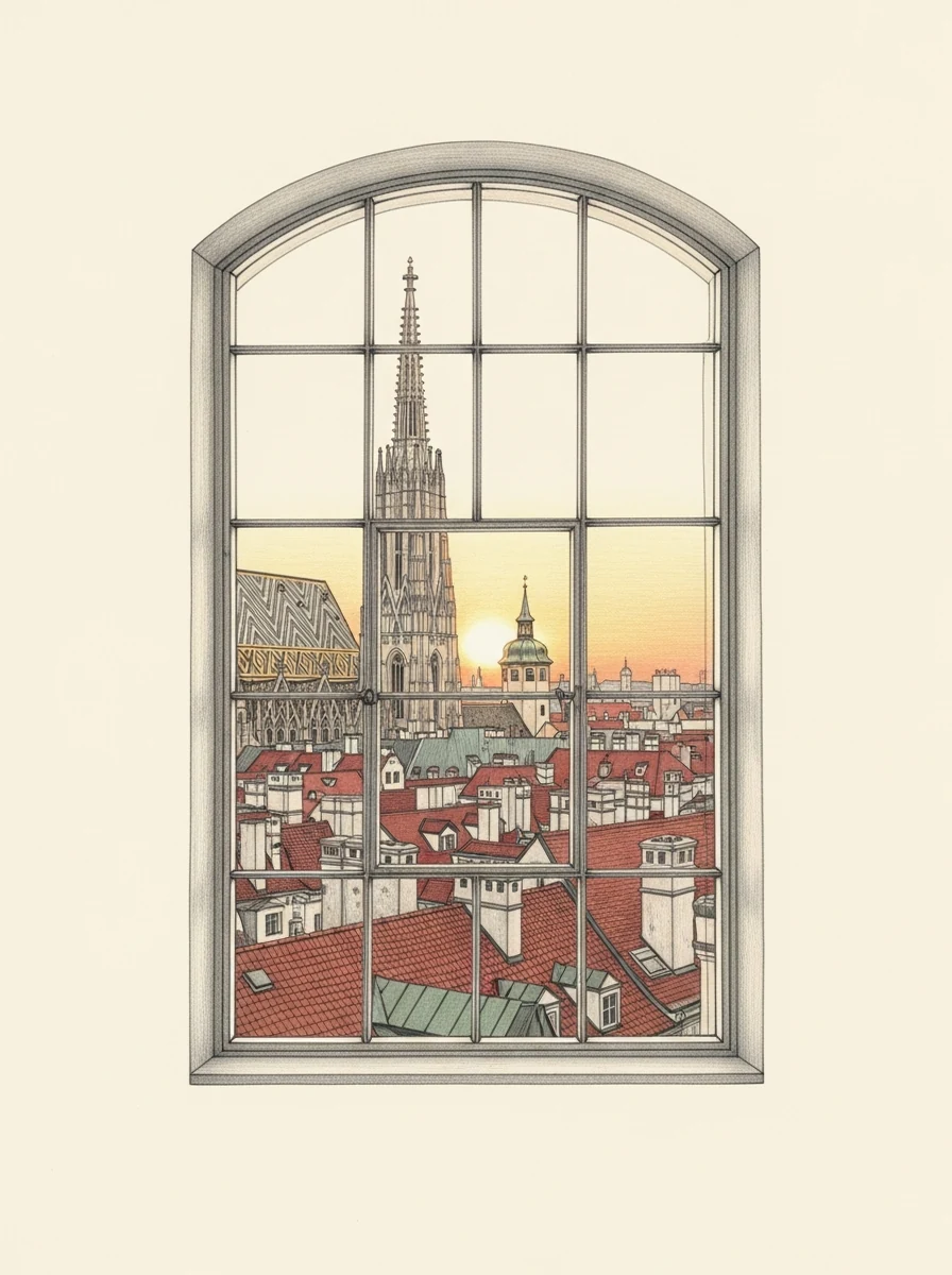 a loft window looking over vienna's rooftops and a cathedral spire