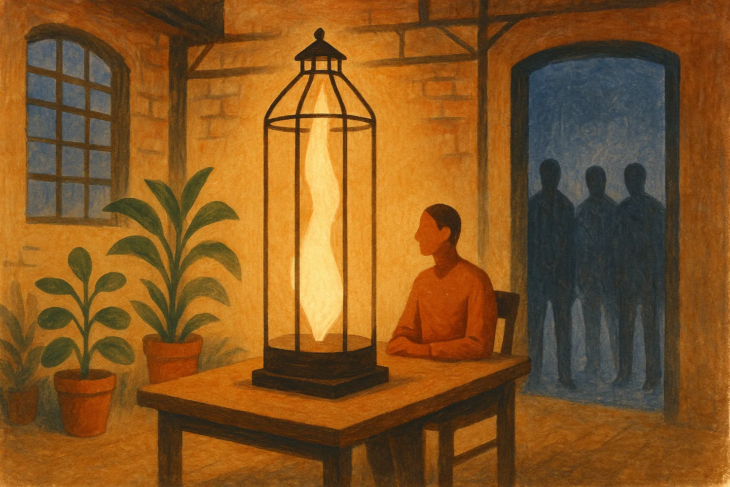 inside the warm loft, a lantern of light grows brighter and taller. the fitted guard around it rises in step with the flame, always a little higher. the warm light spills onto plants and a calm person, while at the cold doorway indistinct figures are kept outside the threshold.