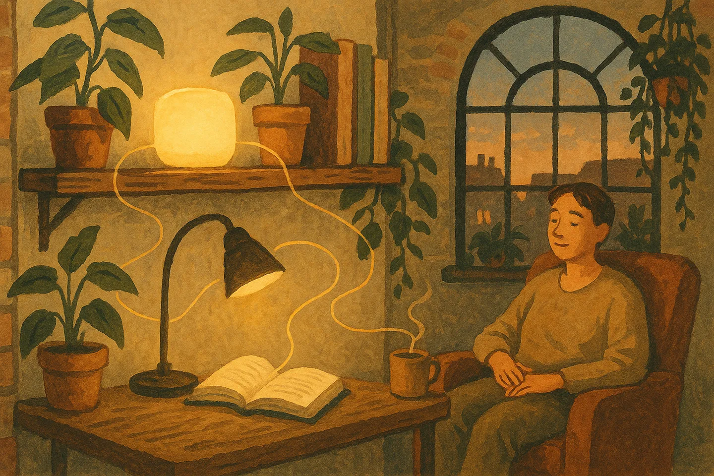 a warm loft corner at home. a small softly glowing device sits on a shelf among plants and books, its light reaching a person reading nearby, quiet threads of warm light connecting it to the everyday things around the room.